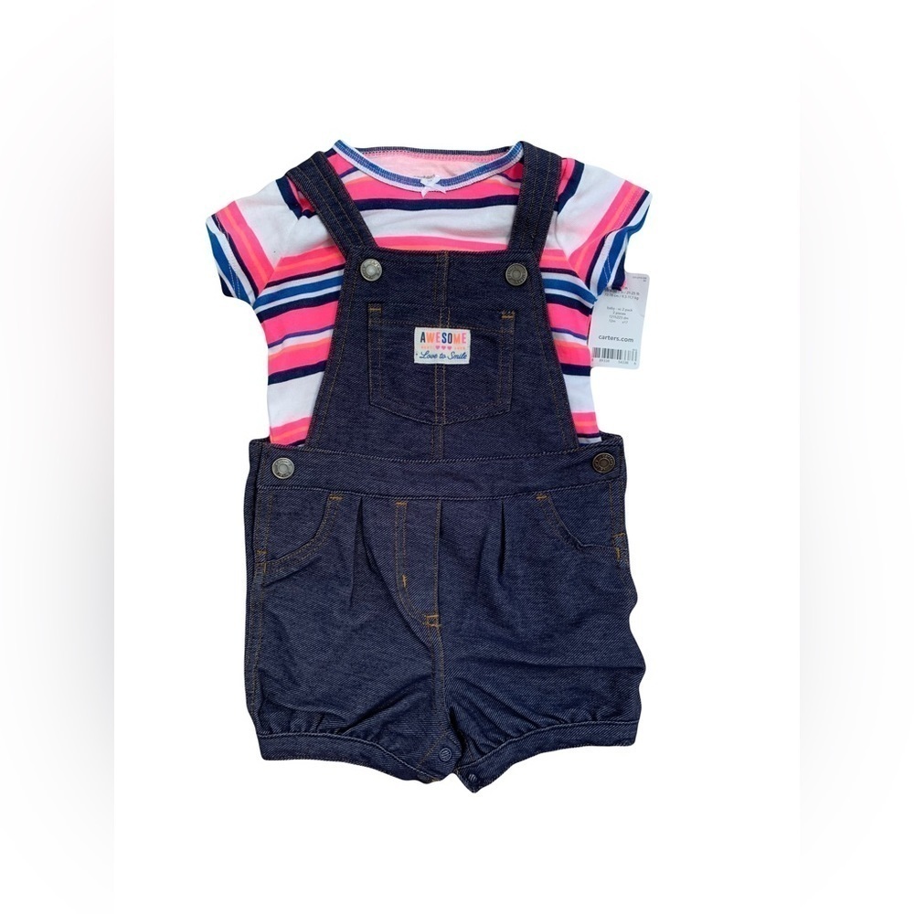Carter's NWT Size 12 Months Pink Striped Tee and Denim Look Shortalls Set